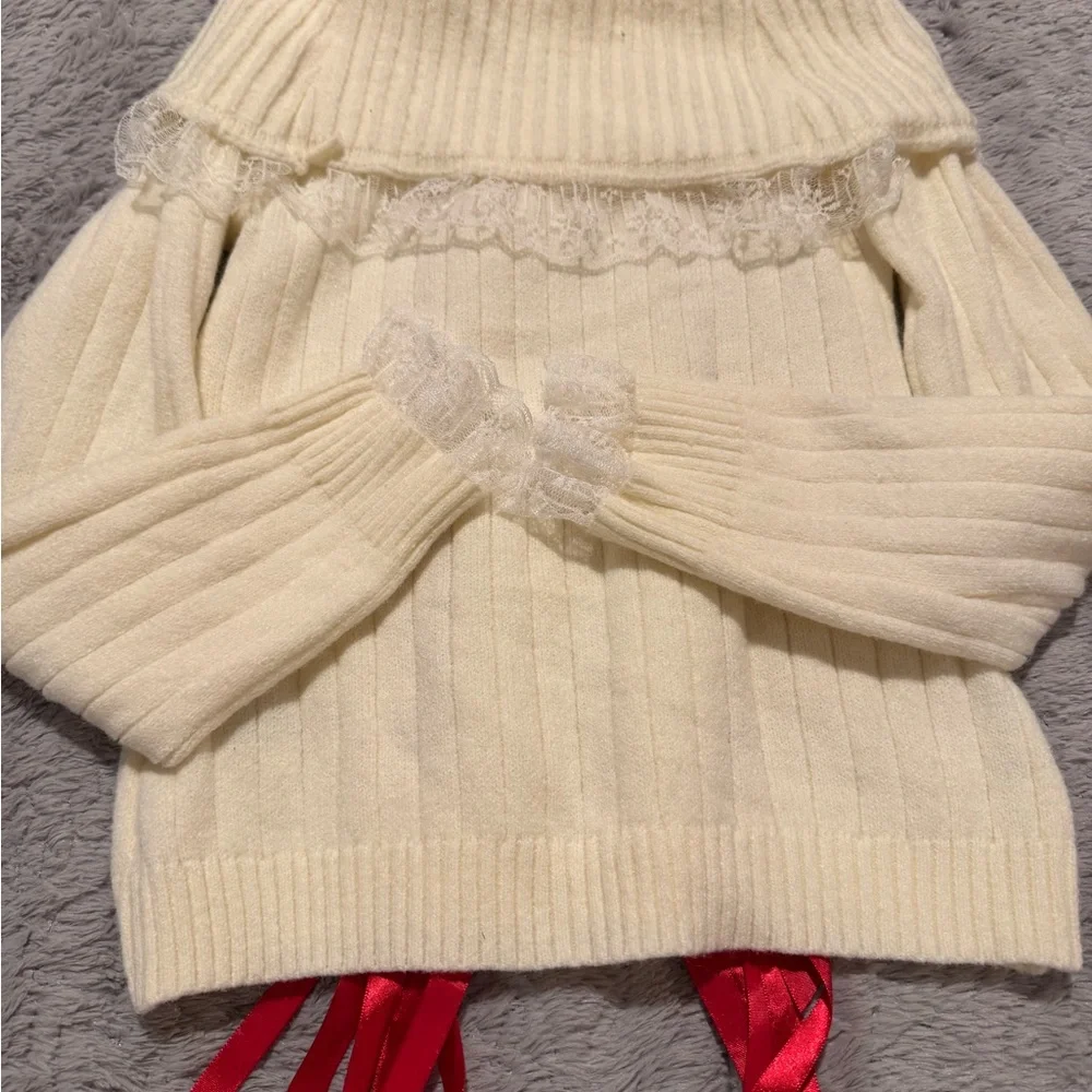 ROMWE Cream Off-the-Shoulder Sweater with Red Details - Picture 3 of 10